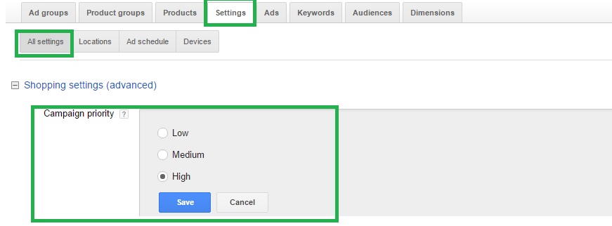 Adwords shopping campaign setting