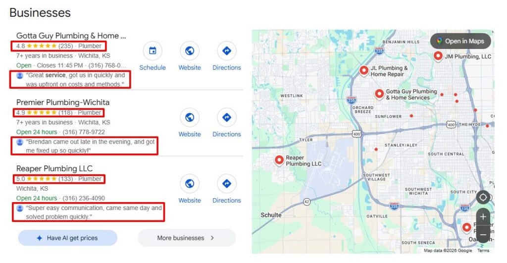 reviews example in serp