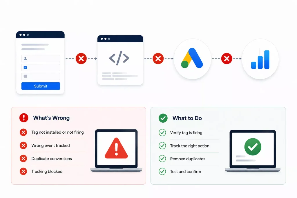 Conversion tracking is missing, broken, or measuring the wrong action